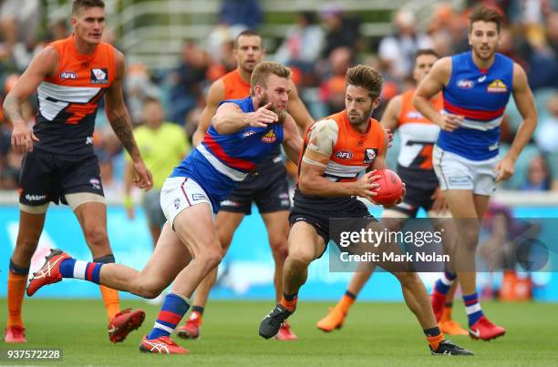 Callan Ward of the Giants in action during the round one AFL match between the Greater Western Sydney Giants and the Western Bulldogs at UNSW...