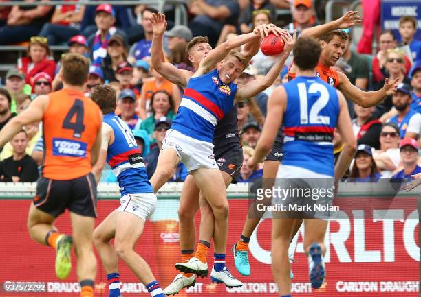 Bailey Dale of the Bulldogs takes a mark during the round one AFL match between the Greater Western Sydney Giants and the Western Bulldogs at UNSW...