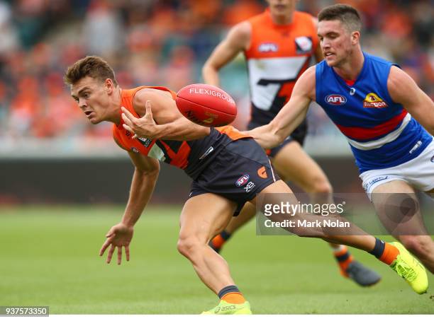 Zac Langdon of the Giants in action during the round one AFL match between the Greater Western Sydney Giants and the Western Bulldogs at UNSW...