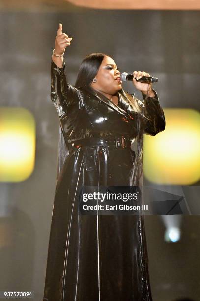 Tasha Cobbs performs during/speaks during/attend the 33rd annual Stellar Gospel Music Awards at the Orleans Arena on March 24, 2018 in Las Vegas,...