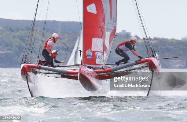 The crew of IDintranet.com prepare to tack during the Super Foilers Grand Prix at Sydney Harbour on March 25, 2018 in Sydney, Australia.