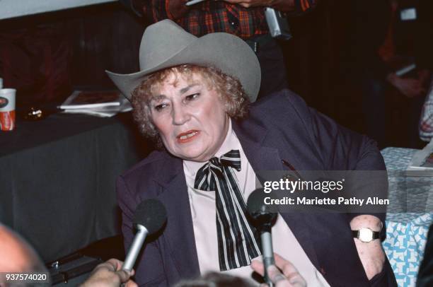 New York, New York, USA Retired United States Representative Bella Abzug of New York wears a cowboy hat while she is interviewed at 'The Gay Radio.'