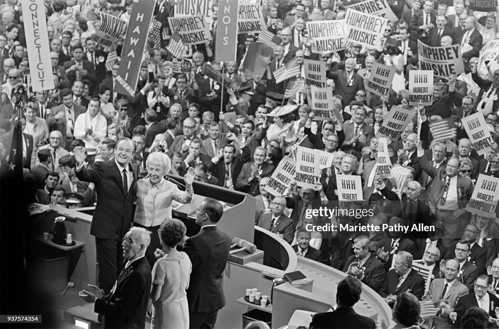 Vice-President Hubert H. Humphrey and Muriel Humphrey at the podium of the Democratic National Convention