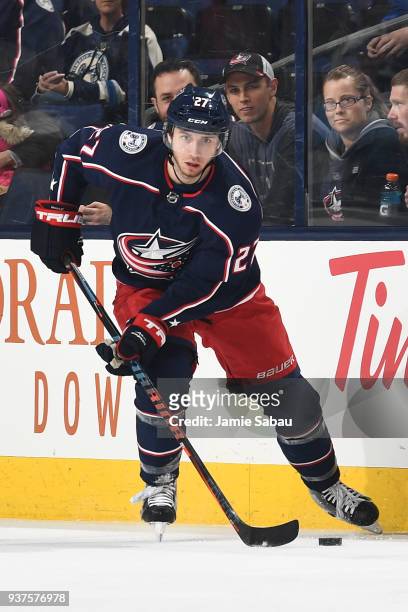 Ryan Murray of the Columbus Blue Jackets skates against the Florida Panthers on March 22, 2018 at Nationwide Arena in Columbus, Ohio. Ryan Murray