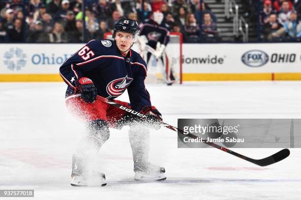 Markus Nutivaara of the Columbus Blue Jackets skates against the Florida Panthers on March 22, 2018 at Nationwide Arena in Columbus, Ohio. Markus...