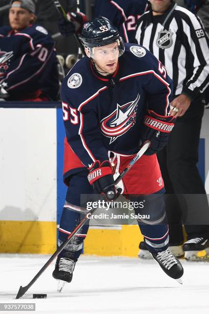 Mark Letestu of the Columbus Blue Jackets skates against the Florida Panthers on March 22, 2018 at Nationwide Arena in Columbus, Ohio. Mark Letestu