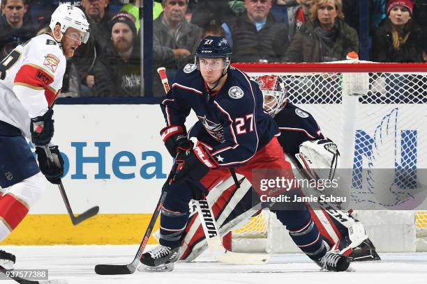 Ryan Murray of the Columbus Blue Jackets skates against the Florida Panthers on March 22, 2018 at Nationwide Arena in Columbus, Ohio. Ryan Murray