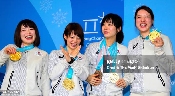 Speed skating Ladies Team Pursuit gold medalist Ayano Sato, Nana Takagi, Miho Takagi and Ayaka Kikuchi attend a press conference on day sixteen of...