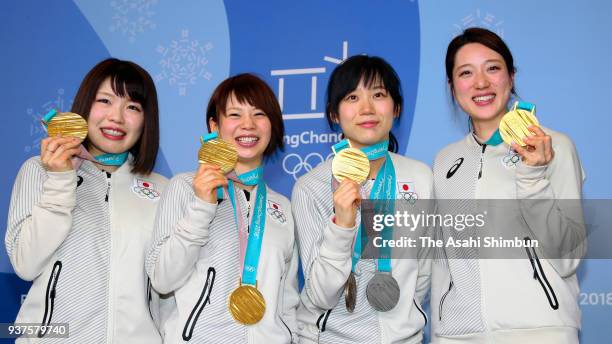 Speed skating Ladies Team Pursuit gold medalist Ayano Sato, Nana Takagi, Miho Takagi and Ayaka Kikuchi attend a press conference on day sixteen of...