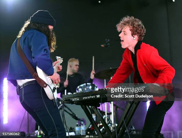 Musicians Joe Memmel, Ryan Winnen and Chase Lawrence of the band COIN perform onstage during The Pacific Sounds Music Festival at Pepperdine...