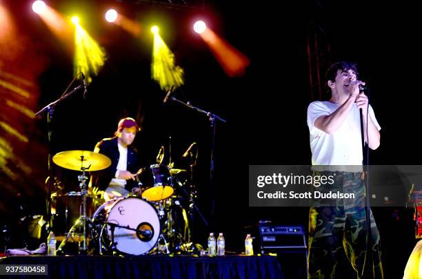 Musicians Matthew "Cornbread" Compton and Asa Taccone of the band Electric Guest perform onstage during The Pacific Sounds Music Festival at...