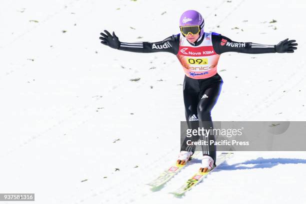 Andreas Wellinger of Germany competes during the team competition at Planica FIS Ski Jumping World Cup finals.