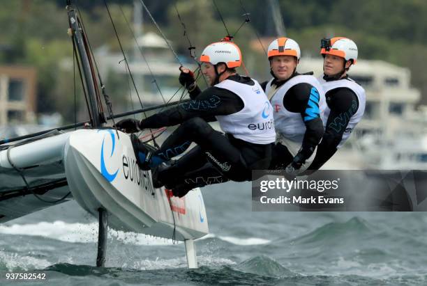 The Euroflex crew of Nathan Outteridge, Glenn Ashby and Lachie Gilmore sail in the Grand Final during the Super Foilers Grand Prix at Sydney Harbour...