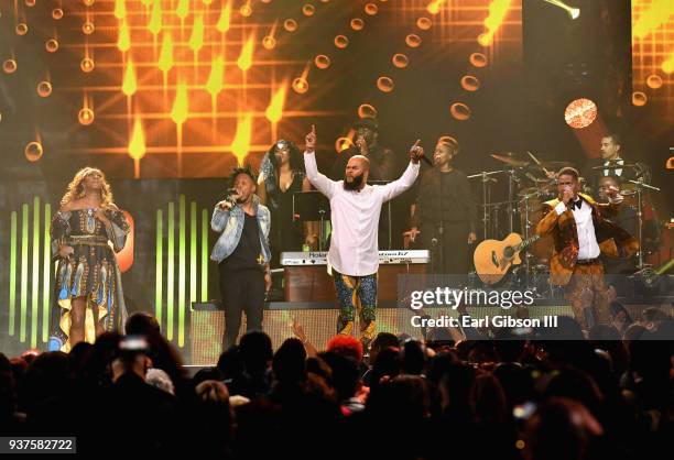 Le'Andria Johnson, Deitrick Haddon, JJ Hairston, and Donald Lawrence perform during the 33rd annual Stellar Gospel Music Awards at the Orleans Arena...