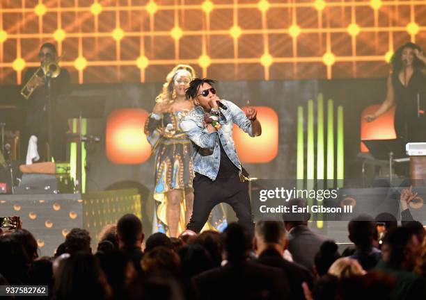 Le'Andria Johnson and Deitrick Haddon perform duirng the 33rd annual Stellar Gospel Music Awards at the Orleans Arena on March 24, 2018 in Las Vegas,...