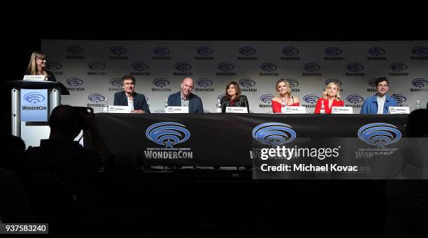 Moderator Laura Prudom, Doug Liman, Gene Klein, Lauren LeFranc, Missi Pyle, Maddie Hasson, and Daniel Maslany onstage at Executive Producers,...