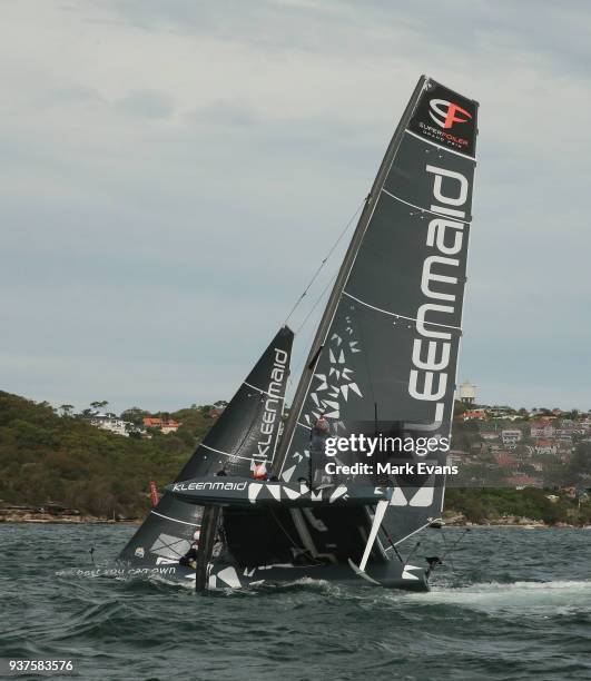 Kleenmaid almost capsize during the Super Foilers Grand Prix at Sydney Harbour on March 25, 2018 in Sydney, Australia.