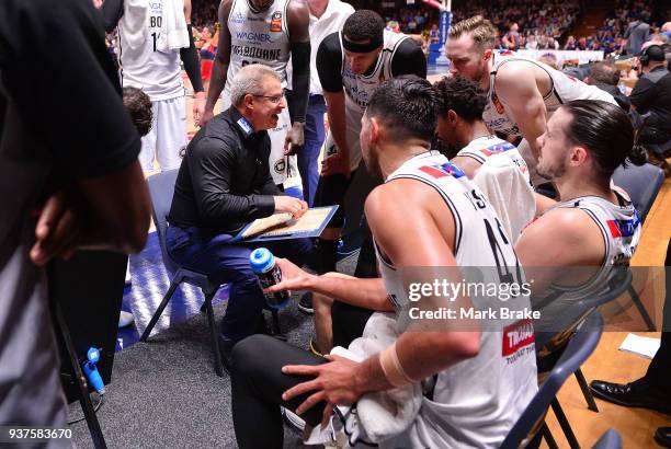 Dean Vickerman coach of Melbourne United during a time out during game four of the NBL Grand Final series between the Adelaide 36ers and Melbourne...