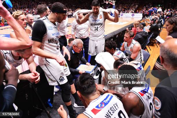 Dean Vickerman coach of Melbourne United during a time out during game four of the NBL Grand Final series between the Adelaide 36ers and Melbourne...