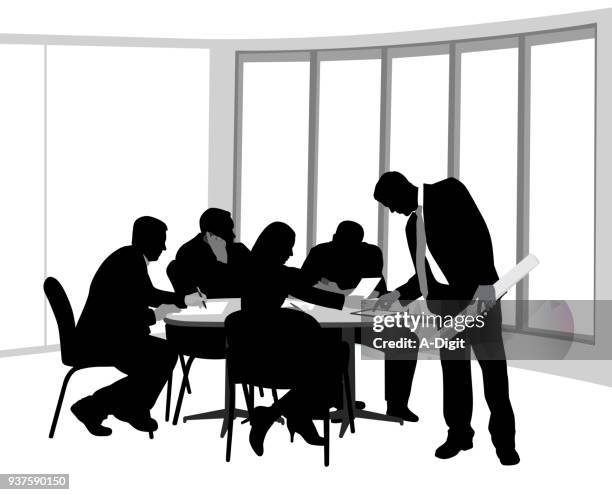 boardroom meeting plans - planning using tablet stock illustrations