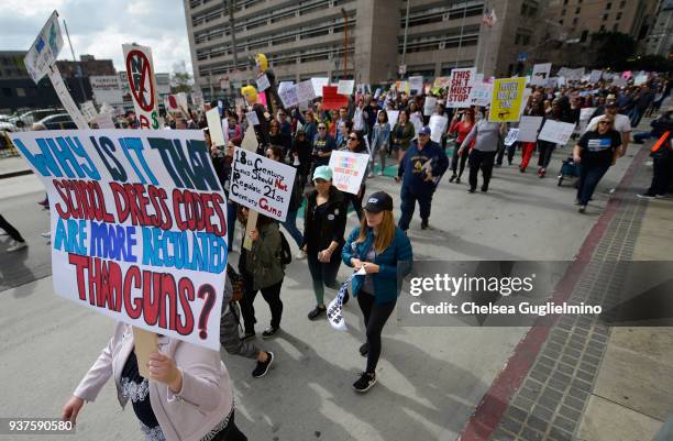 Participants seen at March For Our Lives Los Angeles on March 24, 2018 in Los Angeles, California.