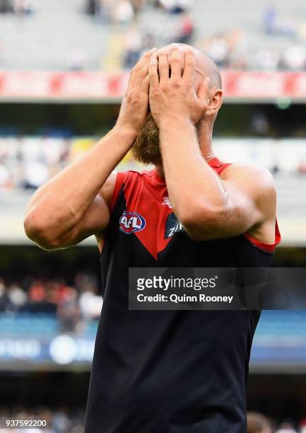 Max Gawn of the Demons looks dejected after losing the round one AFL match between the Melbourne Demons and the Geelong Cats at Melbourne Cricket...