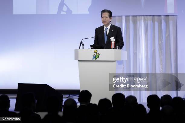 Natsuo Yamaguchi, chief representative of the New Komeito Party, speaks during the Liberal Democratic Party's annual convention in Tokyo, Japan, on...
