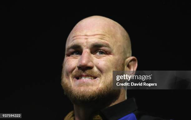 Matt Garvey of Bath looks on during the Aviva Premiership match between Bath Rugby and Exeter Chiefs at the Recreation Ground on March 23, 2018 in...