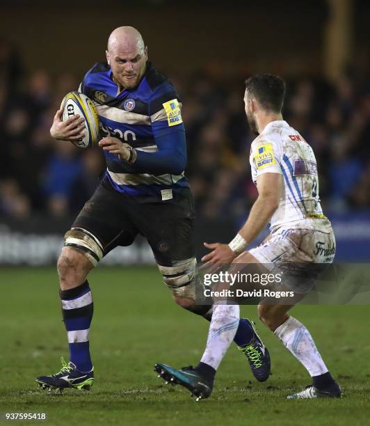 Matt Garvey of Bath runs with the ball during the Aviva Premiership match between Bath Rugby and Exeter Chiefs at the Recreation Ground on March 23,...