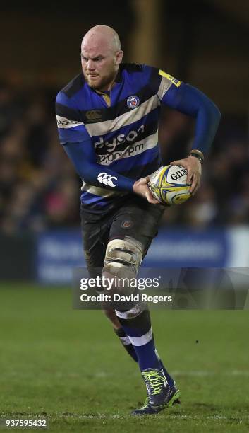 Matt Garvey of Bath runs with the ball during the Aviva Premiership match between Bath Rugby and Exeter Chiefs at the Recreation Ground on March 23,...