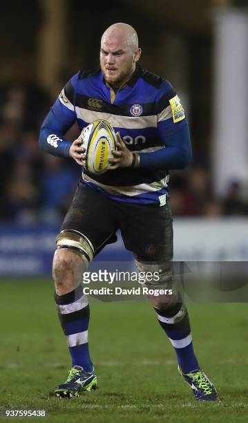 Matt Garvey of Bath runs with the ball during the Aviva Premiership match between Bath Rugby and Exeter Chiefs at the Recreation Ground on March 23,...
