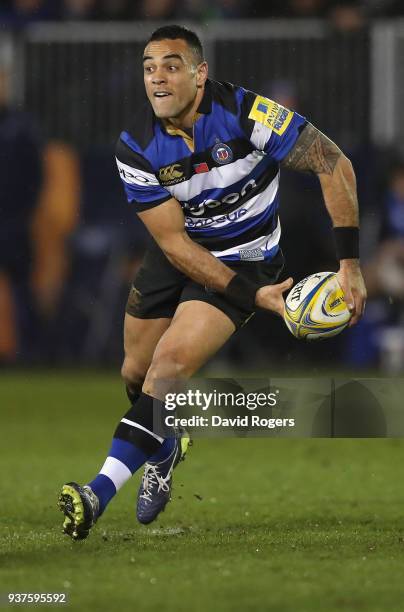 Kahn Fotuali'i of Bath runs with the ball during the Aviva Premiership match between Bath Rugby and Exeter Chiefs at the Recreation Ground on March...