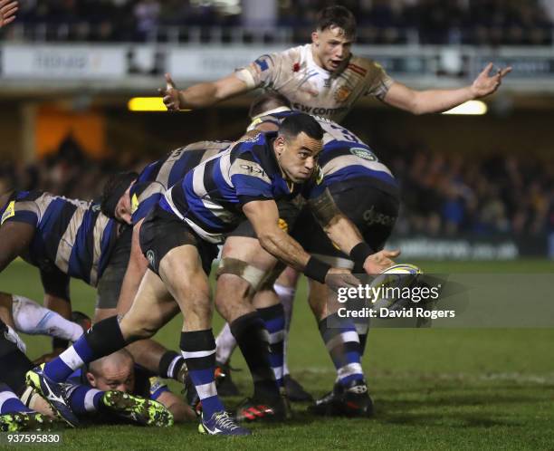 Kahn Fotuali'i of Bath passes the ball during the Aviva Premiership match between Bath Rugby and Exeter Chiefs at the Recreation Ground on March 23,...