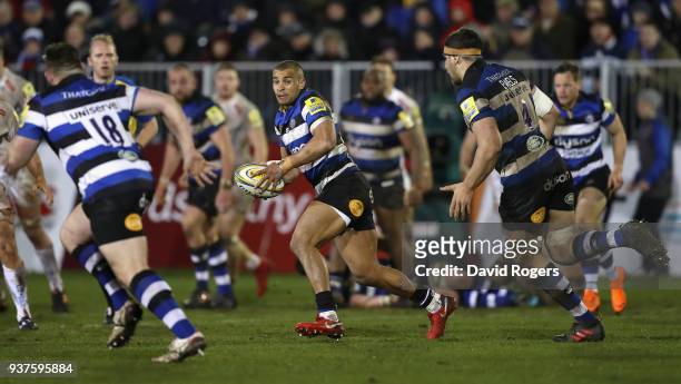 Jonathan Joseph of Bath runs with the ball during the Aviva Premiership match between Bath Rugby and Exeter Chiefs at the Recreation Ground on March...