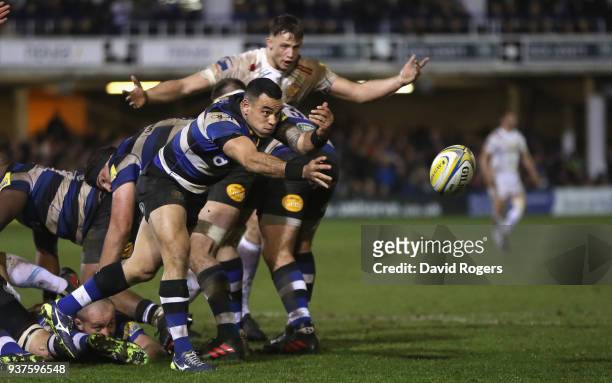 Kahn Fotuali'i of Bath passes the ball during the Aviva Premiership match between Bath Rugby and Exeter Chiefs at the Recreation Ground on March 23,...
