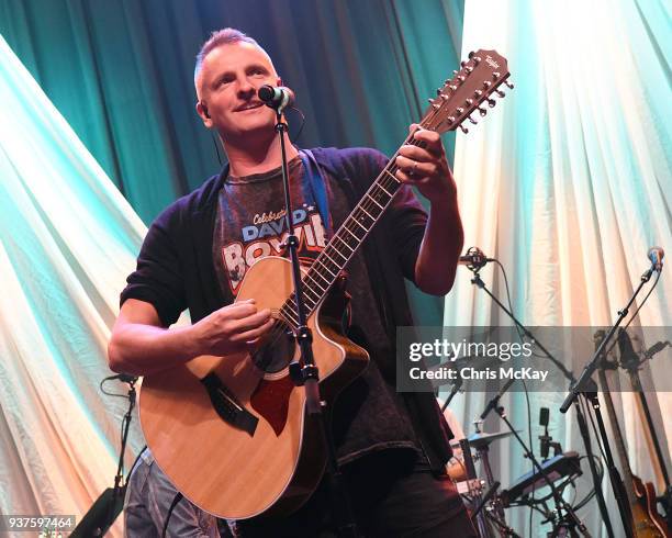 Joe Sumner of Celebrating David Bowie soundchecks at Buckhead Theatre on March 18, 2018 in Atlanta, Georgia.