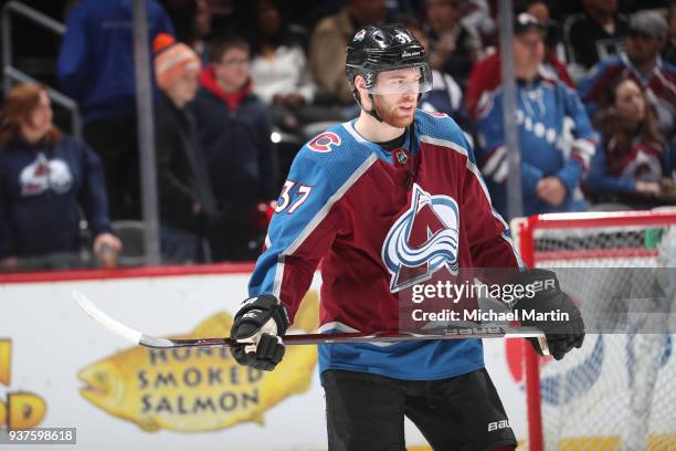 Compher of the Colorado Avalanche skates prior to the game against the Los Angeles Kings at the Pepsi Center on March 22, 2018 in Denver, Colorado.