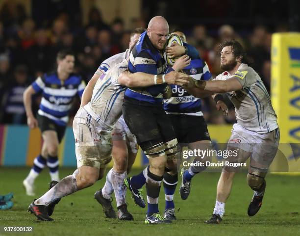 Matt Garvey of Bath is tackled during the Aviva Premiership match between Bath Rugby and Exeter Chiefs at the Recreation Ground on March 23, 2018 in...