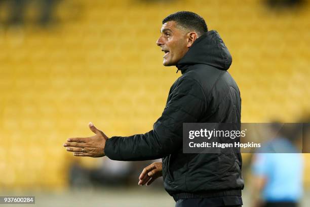 Coach John Aloisi of the Roar talks to his players during the round 24 A-League match between the Wellington Phoenix and the Brisbane Roar at Westpac...