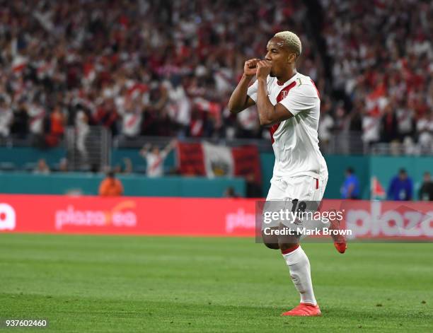 Andre Carrillo of Peru celebrates after scoring the first goal of his team during the international friendly match between Peru and Croatia at Hard...