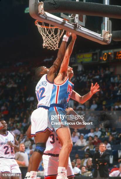 Drazen Petrovic of the New Jersey Nets battles for a rebound with Tom Hammonds of the Washington Bullets during an NBA basketball game circa 1991 at...