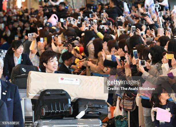 Speed skating Women's 500m Gold Medalist Nao Kodaira of Japan is seen on arrival at Narita International Airport on February 26, 2018 in Narita,...