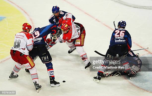 Action in front of the goal of Fredrick Brathwaite of Adler is seen during the Deutsche Eishockey Liga game between Adler Mannheim and Hannover...