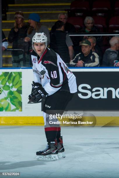 Milos Roman of the Vancouver Giants warms up with the puck against the Kelowna Rockets at Prospera Place on March 18, 2018 in Kelowna, Canada.