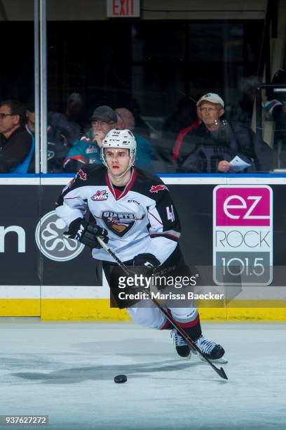Milos Roman of the Vancouver Giants skates with the puck against the Kelowna Rockets at Prospera Place on March 18, 2018 in Kelowna, Canada.