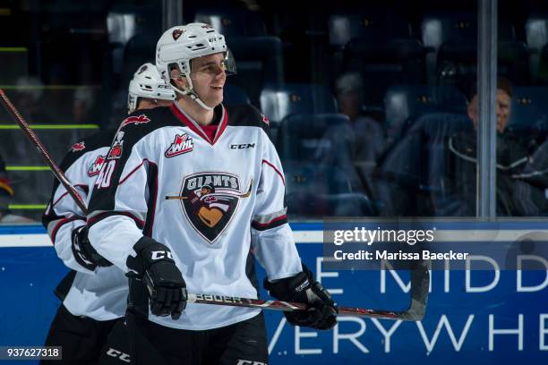Milos Roman of the Vancouver Giants warms up against the Kelowna Rockets at Prospera Place on March 18, 2018 in Kelowna, Canada.