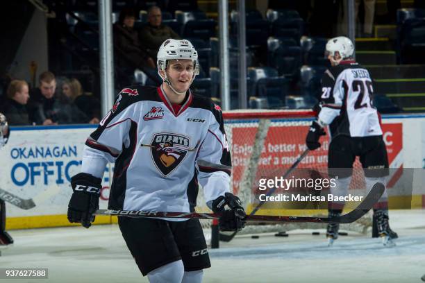 Milos Roman of the Vancouver Giants warms up against the Kelowna Rockets at Prospera Place on March 18, 2018 in Kelowna, Canada.