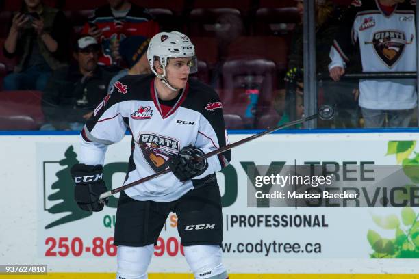 Milos Roman of the Vancouver Giants warms up with the puck against the Kelowna Rockets at Prospera Place on March 18, 2018 in Kelowna, Canada.