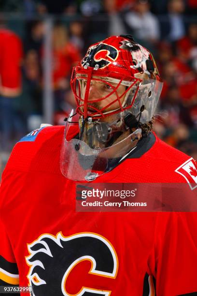 Goalie Mike Smith of the Calgary Flames takes a break in an NHL game on March 21, 2018 at the Scotiabank Saddledome in Calgary, Alberta, Canada.