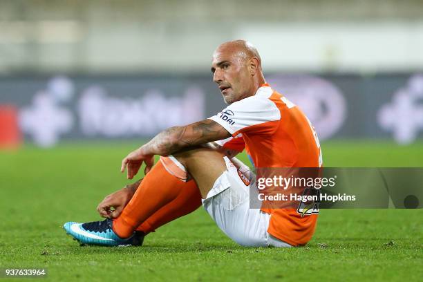 Massimo Maccarone of the Roar look on in disappointment at the final whistle during the round 24 A-League match between the Wellington Phoenix and...